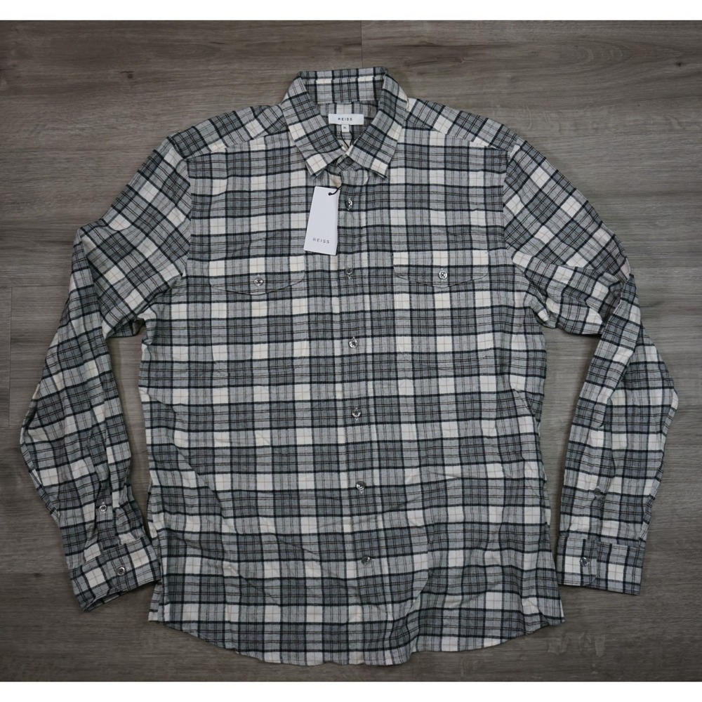 $195 Reiss Twin Pocket Overshirt Mens XL Gray Tan Plaid Check Textured Cotton